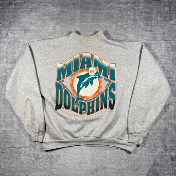 Miami Dolphins Sweatshirt Mens 2XL Gray Vintage 1995 NFL Crewneck Wave Spell Out - Picture 1 of 15